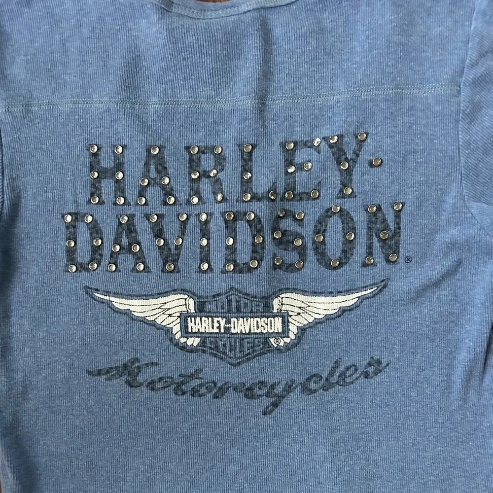 Y2K HARLEY-DAVIDSON Baby Tee Rhinestone Logo Henley Fitted 2000s Moto Indie Sz L - Picture 8 of 9